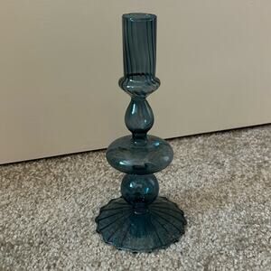 Delicate Blue Thin Glass Candlestick Holder 8.5 Inches Tall No defects